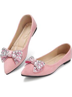 Women's 03-Pink Pointed Toe Pearl Flats Comfort Non Slip Soft Sole Office Shoes